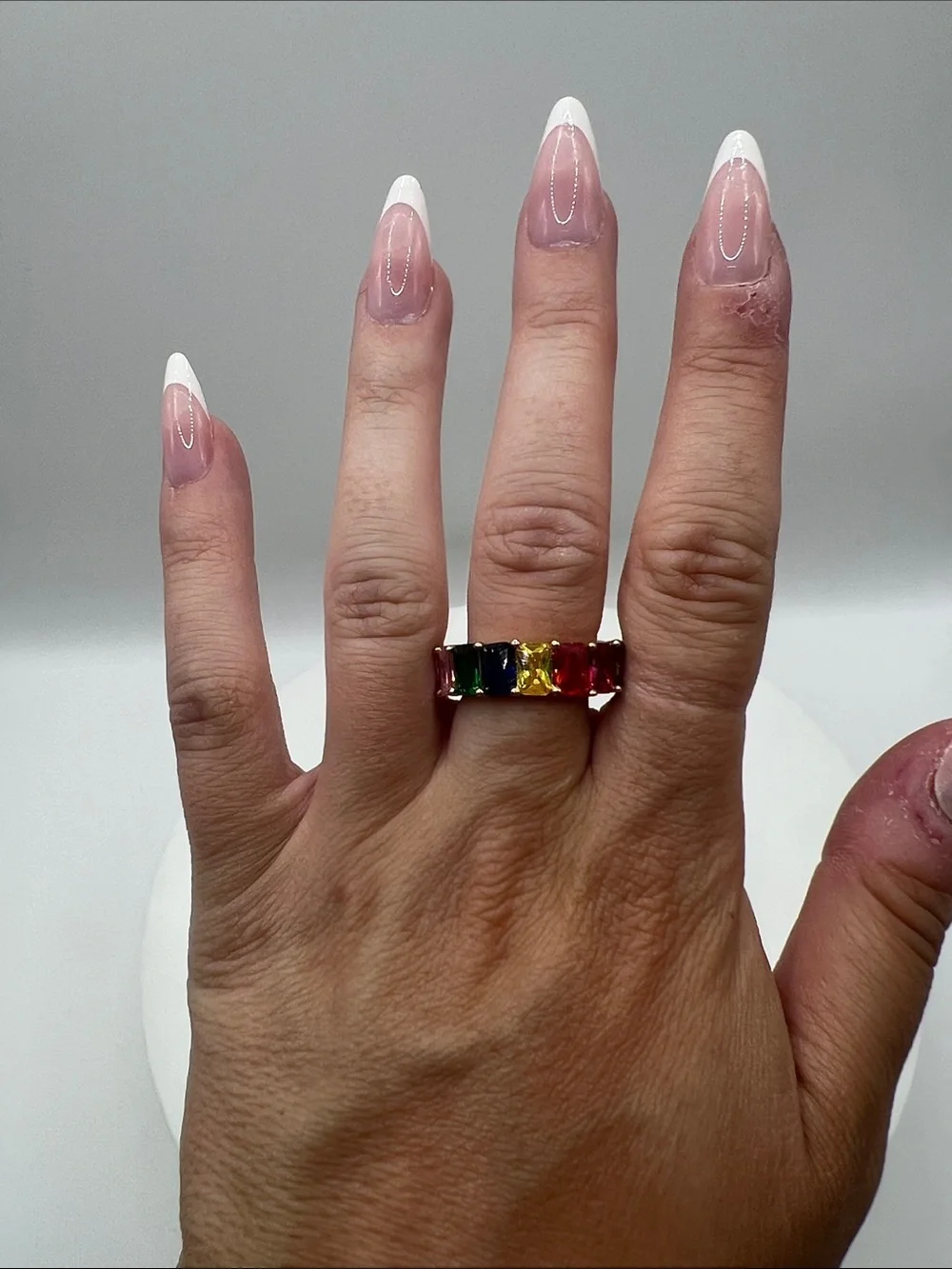 254. 18k Gold Plated Multi-Color Crystal Baguette Band Ring.  Size 6